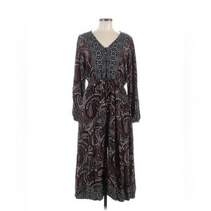 Knox Rose Black & Burgundy Paisley V-Neck Long Sleeve Maxi Dress 100% Rayon